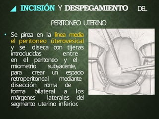• Se pinza en la línea media
el peritoneo úterovesical
y se diseca con tijeras
introducidas entre
en el peritoneo y el
miometrio subyacente,
para crear u
n espacio
retroperitoneal mediante
disección roma de
forma bilateral a los
márgenes laterales del
segmento uterino inferior
.
◢ INCISIÓN Y DESPEGAMIENTO DEL
PERITONEO UTERINO
 