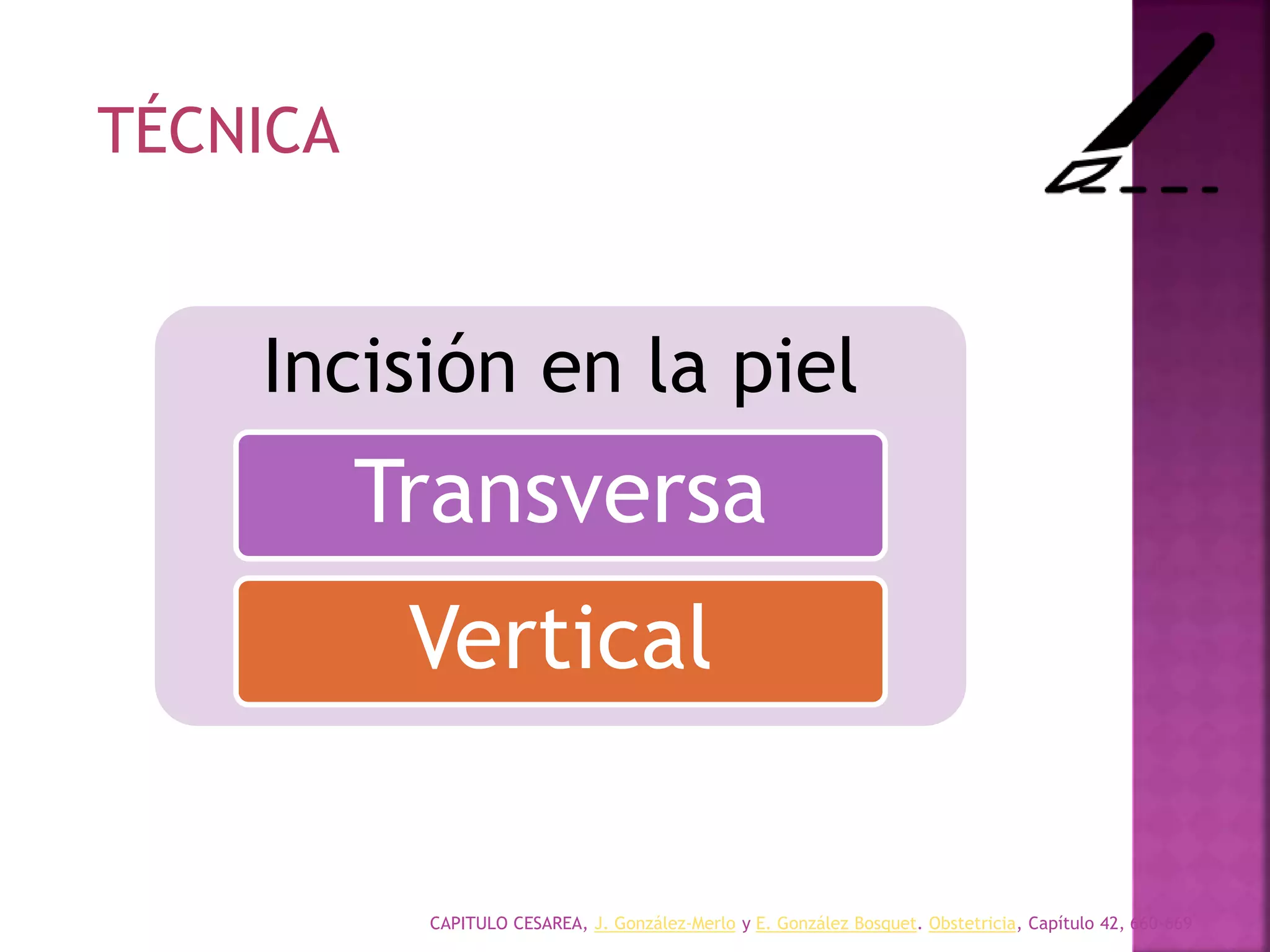 CAPITULO CESAREA, J. González-Merlo y E. González Bosquet. Obstetricia, Capítulo 42, 660-669
Incisión en la piel
Transversa
Vertical
TÉCNICA
 
