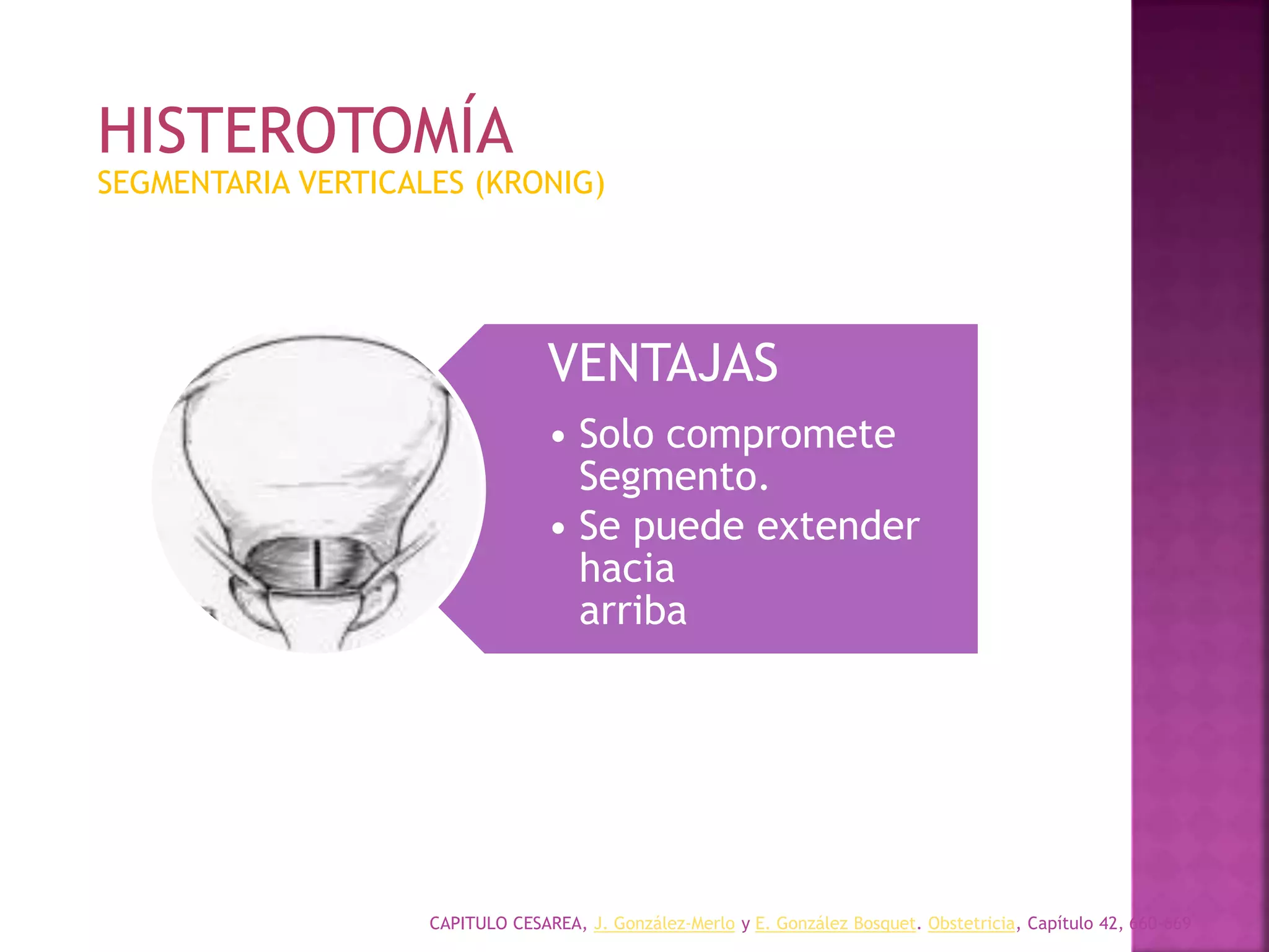 CAPITULO CESAREA, J. González-Merlo y E. González Bosquet. Obstetricia, Capítulo 42, 660-669
VENTAJAS
• Solo compromete
Segmento.
• Se puede extender
hacia
arriba
SEGMENTARIA VERTICALES (KRONIG)
HISTEROTOMÍA
 