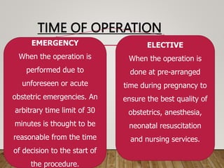 TIME OF OPERATION
EMERGENCY
When the operation is
performed due to
unforeseen or acute
obstetric emergencies. An
arbitrary time limit of 30
minutes is thought to be
reasonable from the time
of decision to the start of
the procedure.
ELECTIVE
When the operation is
done at pre-arranged
time during pregnancy to
ensure the best quality of
obstetrics, anesthesia,
neonatal resuscitation
and nursing services.
 