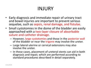 INJURY
• Early diagnosis and immediate repair of urinary tract
and bowel injuries are important to prevent serious
sequelae, such as sepsis, renal damage, and fistulae.
• Small cystotomies in the dome of the bladder are easily
approached with a two-layer closure of absorbable
suture and catheter drainage.
– However, large cystotomies and those in the posterior wall
of the bladder or near the trigone may involve the ureter.
– Large lateral uterine or cervical extensions may also
involve the ureter.
– In these cases, placement of ureteral stents can aid in both
diagnosis and repair, which are performed according to
standard procedures described in detail separately.
3/16/2024
 
