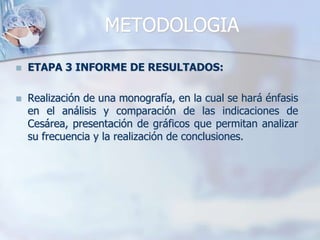 METODOLOGIAETAPA 3 INFORME DE RESULTADOS: Realización de una monografía, en la cual se hará énfasis en el análisis y comparación de las indicaciones de Cesárea, presentación de gráficos que permitan analizar su frecuencia y la realización de conclusiones.