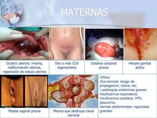 MATERNASCicatriz uterina: mioma, malformación uterina, reparación de rotura uterinaDos o más CCA segmentariaCesárea corporal previaHerpes genital activoOtros: