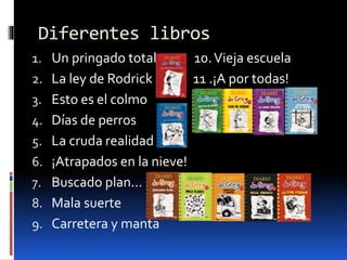 Diferentes libros
1. Un pringado total 10.Vieja escuela
2. La ley de Rodrick 11 .¡A por todas!
3. Esto es el colmo
4. Días de perros
5. La cruda realidad
6. ¡Atrapados en la nieve!
7. Buscado plan…
8. Mala suerte
9. Carretera y manta
 
