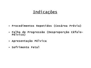 Indicações Procedimentos Repetidos (Cesárea Prévia) Falha de Progressão (Desproporção Céfalo-Pélvico) Apresentação Pélvica Sofrimento Fetal 