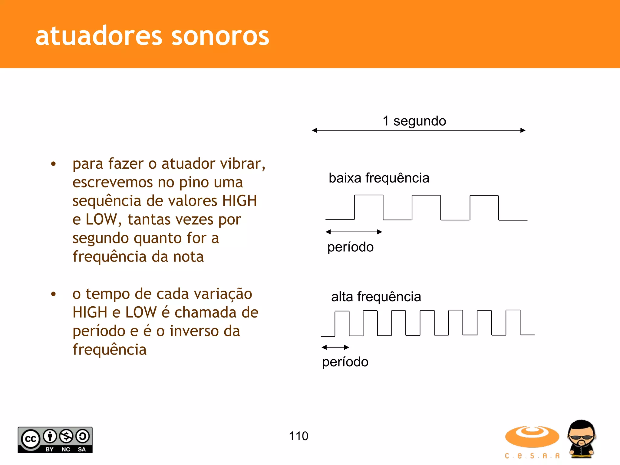 atuadores sonoros para fazer o atuador vibrar, escrevemos no pino uma sequência de valores HIGH e LOW, tantas vezes por segundo quanto for a frequência da nota o tempo de cada variação HIGH e LOW é chamada de período e é o inverso da frequência baixa frequência alta frequência período período 1 segundo 