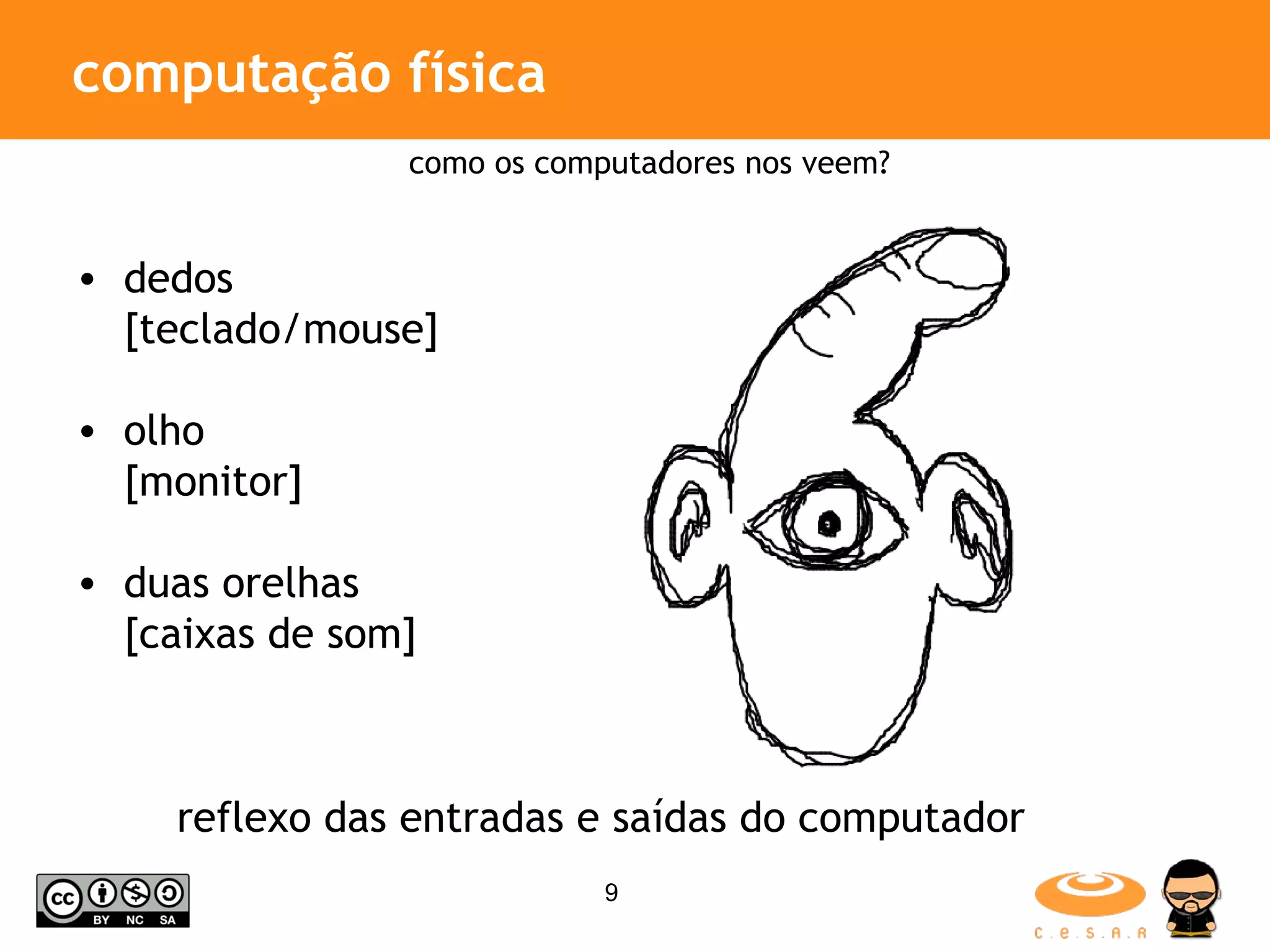 computação física dedos [teclado/mouse] olho [monitor] duas orelhas [caixas de som] reflexo das entradas e saídas do computador como os computadores nos veem? 