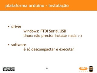 plataforma arduino - instalação driver  windows: FTDI Serial USB linux: não precisa instalar nada :-) software  é só descompactar e executar 
