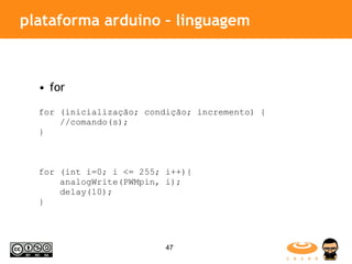 plataforma arduino – linguagem for for (inicialização; condição; incremento) {  //comando(s);  } for (int i=0; i <= 255; i++){  analogWrite(PWMpin, i);  delay(10);  } 