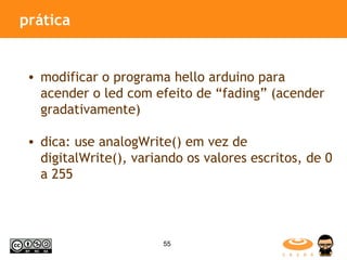 prática modificar o programa hello arduino para acender o led com efeito de “fading” (acender gradativamente) dica: use analogWrite() em vez de digitalWrite(), variando os valores escritos, de 0 a 255  