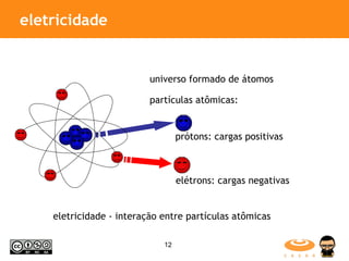 eletricidade ,[object Object],universo formado de átomos partículas atômicas: prótons: cargas positivas elétrons: cargas negativas 