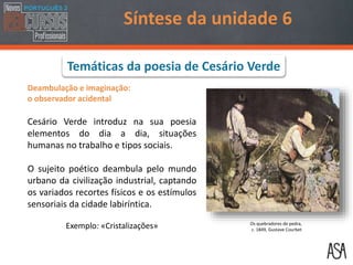 Deambulação e imaginação:
o observador acidental
Cesário Verde introduz na sua poesia
elementos do dia a dia, situações
humanas no trabalho e tipos sociais.
O sujeito poético deambula pelo mundo
urbano da civilização industrial, captando
os variados recortes físicos e os estímulos
sensoriais da cidade labiríntica.
Exemplo: «Cristalizações» Os quebradores de pedra,
c. 1849, Gustave Courbet
Síntese da unidade 6
Temáticas da poesia de Cesário Verde
 