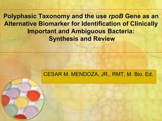 Polyphasic Taxonomy and the use rpoB Gene as an
Alternative Biomarker for Identification of Clinically
        Important and Ambiguous Bacteria:
               Synthesis and Review




             CESAR M. MENDOZA, JR., RMT, M. Bio. Ed.
 