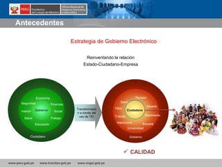 www.peru.gob.pe www.tramites.gob.pe www.ongei.gob.pe
Antecedentes
Ciudadano
Reinventando la relación
Estado-Ciudadano-Empresa
GobiernoInterior
Finanzas
Social
Seguridad
Trabajo
Economía
Educación
Salud
Ciudadano
Escuela
Universidad
Nacimiento
Matrimonio
Salud
Hijos
Pensión
Muerte
Trabajo
Transformació
n a través del
uso de TIC
Ciudadano Gobierno
Estrategia de Gobierno Electrónico
 CALIDAD
 