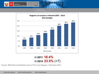 www.peru.gob.pe www.tramites.gob.pe www.ongei.gob.pe
Al 2011: 16.4%
Al 2014: 23.5% (+7)
Fuente: INEI Informe Estadística de las TIC en los Hogares - Diciembre 2014
 