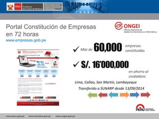 www.peru.gob.pe www.tramites.gob.pe www.ongei.gob.pe
Portal Constitución de Empresas
en 72 horas
60,000 empresas
constituidasMás de
S/. 16’000,000
en ahorro al
ciudadano
www.empresas.gob.pe
Lima, Callao, San Martín, Lambayeque
Transferido a SUNARP desde 13/09/2014
 