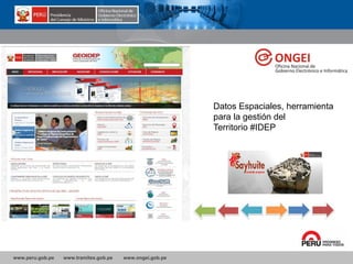 www.peru.gob.pe www.tramites.gob.pe www.ongei.gob.pe
Datos Espaciales, herramienta
para la gestión del
Territorio #IDEP
 