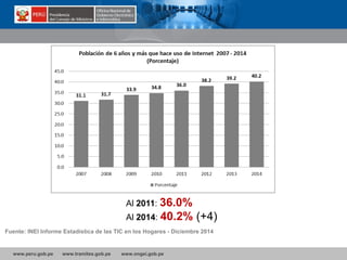 www.peru.gob.pe www.tramites.gob.pe www.ongei.gob.pe
Fuente: INEI Informe Estadística de las TIC en los Hogares - Diciembre 2014
Al 2011: 36.0%
Al 2014: 40.2% (+4)
 