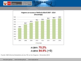 www.peru.gob.pe www.tramites.gob.pe www.ongei.gob.pe
Fuente: INEI Informe Estadística de las TIC en los Hogares - Diciembre 2014
Al 2011: 75.2%
Al 2014: 84.9% (+9)
 