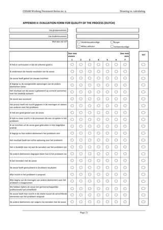 CESAR Working Document Series no. 9 Drawing vs. calculating
Page 21
APPENDIX	
  II:	
  EVALUATION	
  FORM	
  FOR	
  QUALITY	
  OF	
  THE	
  PROCESS	
  (DUTCH)	
  
	
  
	
  
Uw#groepsnummer:
Uw#studentnummer:
Wat#was#uw#rol?
Ik#heb#er#vertrouwen#in#dat#de#uitkomst#goed#is
Ik#ondersteun#de#meeste#resultaten#van#de#sessie
De#sessie#heeft#geleid#tot#nieuwe#inzichten
Ik#begrijp#nu#de#voorgestelde#oplossingen#van#de#andere#
deelnemers#beter
Het#resultaat#van#de#sessie#is#gebaseerd#op#correcte#aannames#
over#het#stedelijk#systeem
De#sessie#was#succesvol
Het#proces#heeft#me#inzicht#gegeven#in#de#meningen#en#ideeen#
van#anderen#over#het#probleem
Ik#heb#een#goed#gevoel#over#de#sessie
Ik#heb#nu#meer#inzicht#in#de#processen#die#een#rol#spelen#in#het#
probleem
Ik#zal#inzichten#uit#de#sessie#gaan#gebruiken#in#mijn#dagelijkse#
praktijk
Ik#begrijp#nu#hoe#andere#deelnemers#het#probleem#zien
Het#resultaat#biedt#een#echte#oplossing#voor#het#probleem
############
NVT
1 2 3 4 5 6 7
Zeer.mee
oneens
Zeer.mee
eens
Het#is#duidelijk#voor#mij#wat#de#oorzaken#van#het#probleem#zijn
De#andere#deelnemers#begrijpen#beter#hoe#ik#het#probleem#zie
Ik#ben#tevreden#met#de#sessie
De#sessie#heeft#geresulteerd#in#bruikbare#resultaten
Mijn#inzicht#in#het#probleem#is#vergroot
Mijn#begrip#van#de#meningen#van#andere#deelnemers#over#het#
probleem#is#toegenomen
We#hebben#tijdens#de#sessie#een#gemeenschappelijke#
professionele#taal#ontwikkeld
De#sessie#heeft#mijn#inzicht#in#de#relatie#tussen#de#verschillende#
elementen#van#het#probleem#vergroot
De#andere#deelnemers#zijn#volgens#mij#tevreden#met#de#sessie
Stedenbouwkundige# Burger#
Milieu#adviseur# Verkeerskundige#
 