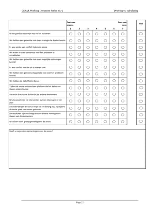 CESAR Working Document Series no. 9 Drawing vs. calculating
Page 22
	
  
	
  
Ik#was#goed#in#staat#mijn#mijn#rol#uit#te#voeren
We#hebben#een#gedeelde#visie#over#strategische#doelen#bereikt
Er#was#sprake#van#conflict#tijdens#de#sessie
We#waren#in#staat#consensus#over#het#probleem#te#
ontwikkelen
We#hebben#een#gedeelde#visie#over#mogelijke#oplossingen#
bereikt
Er#was#conflict#over#de#uit#te#voeren#taak
We#hebben#een#gemeenschappelijke#visie#over#het#probleem#
bereikt
We#hebben#de#tijd#efficiënt#benut
Tijdens#de#sessie#ontstond#een#platform#die#het#delen#van#
ideeen#ondersteunde
De#sessie#bracht#me#dichter#bij#de#andere#deelnemers
Ik#heb#vanuit#mijn#rol#interventies#kunnen#inbrengen#in#het#
plan
De#onderwerpen#die#vanuit#mijn#rol#van#belang#zijn,#zijn#tijdens#
de#sessie#goed#naar#voren#gekomen
De#resultaten#zijn#een#integratie#van#diverse#meningen#en#
ideeen#van#de#deelnemers
Ik#had#een#sterk#groepsgevoel#tijdens#de#sessie
Heeft#u#nog#andere#opmerkingen#over#de#sessie?
NVT
1 2 3 4 5 6 7
Zeer.mee
oneens
Zeer.mee
eens
 