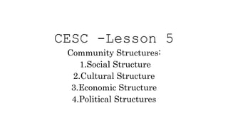 CESC -Lesson 5
Community Structures:
1.Social Structure
2.Cultural Structure
3.Economic Structure
4.Political Structures
 