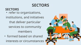 • refer to organizations,
institutions, and initiatives
that deliver particular
services to community
members
• formed based on shared
interests or circumstances
SECTORS
SECTORS
 