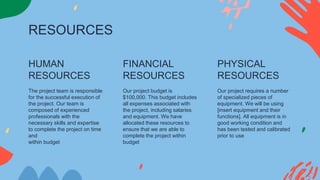 RESOURCES
HUMAN
RESOURCES
FINANCIAL
RESOURCES
The project team is responsible
for the successful execution of
the project. Our team is
composed of experienced
professionals with the
necessary skills and expertise
to complete the project on time
and
within budget
Our project budget is
$100,000. This budget includes
all expenses associated with
the project, including salaries
and equipment. We have
allocated these resources to
ensure that we are able to
complete the project within
budget
Our project requires a number
of specialized pieces of
equipment. We will be using
[insert equipment and their
functions]. All equipment is in
good working condition and
has been tested and calibrated
prior to use
PHYSICAL
RESOURCES
 