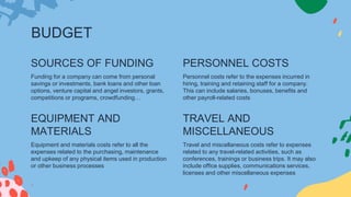 EQUIPMENT AND
MATERIALS
BUDGET
Funding for a company can come from personal
savings or investments, bank loans and other loan
options, venture capital and angel investors, grants,
competitions or programs, crowdfunding…
Personnel costs refer to the expenses incurred in
hiring, training and retaining staff for a company.
This can include salaries, bonuses, benefits and
other payroll-related costs
Equipment and materials costs refer to all the
expenses related to the purchasing, maintenance
and upkeep of any physical items used in production
or other business processes
Travel and miscellaneous costs refer to expenses
related to any travel-related activities, such as
conferences, trainings or business trips. It may also
include office supplies, communications services,
licenses and other miscellaneous expenses
SOURCES OF FUNDING PERSONNEL COSTS
TRAVEL AND
MISCELLANEOUS
 