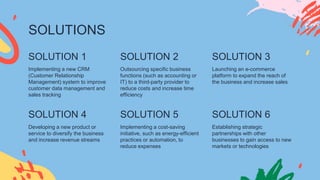 SOLUTIONS
Implementing a new CRM
(Customer Relationship
Management) system to improve
customer data management and
sales tracking
Outsourcing specific business
functions (such as accounting or
IT) to a third-party provider to
reduce costs and increase time
efficiency
Developing a new product or
service to diversify the business
and increase revenue streams
Implementing a cost-saving
initiative, such as energy-efficient
practices or automation, to
reduce expenses
SOLUTION 1 SOLUTION 2 SOLUTION 3
Launching an e-commerce
platform to expand the reach of
the business and increase sales
Establishing strategic
partnerships with other
businesses to gain access to new
markets or technologies
SOLUTION 4 SOLUTION 5 SOLUTION 6
 