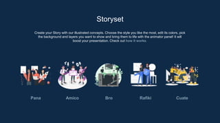 Create your Story with our illustrated concepts. Choose the style you like the most, edit its colors, pick
the background and layers you want to show and bring them to life with the animator panel! It will
boost your presentation. Check out how it works.
Storyset
Pana Amico Bro Rafiki Cuate
 
