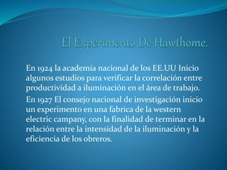 En 1924 la academia nacional de los EE.UU Inicio
algunos estudios para verificar la correlación entre
productividad a iluminación en el área de trabajo.
En 1927 El consejo nacional de investigación inicio
un experimento en una fabrica de la western
electric campany, con la finalidad de terminar en la
relación entre la intensidad de la iluminación y la
eficiencia de los obreros.
 