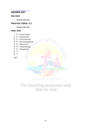 15
ANSWER KEY
PRE-TEST
- Answer will vary
PRACTICE TASKS 1,2,3
- Answer will vary
POST TEST
1. F – Social Capital
2. F – Socialization
3. F – Environmental
4. F – Non-Geographical
5. F – Micro-level
6. F – Understanding
7. F – Engagement
8. T
9. T
10.T
www.shsph.blogspot.com
 