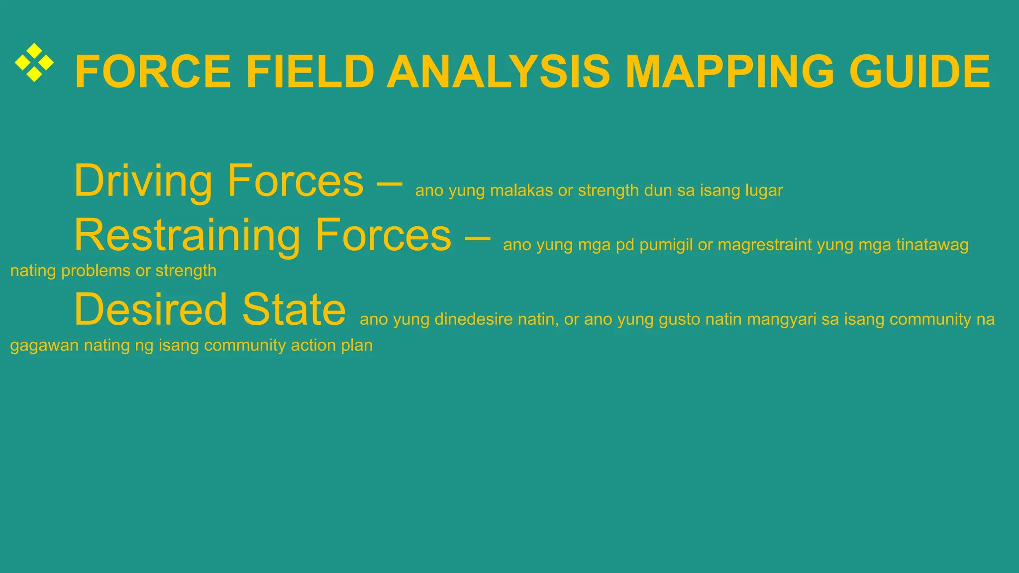  FORCE FIELD ANALYSIS MAPPING GUIDE
Driving Forces – ano yung malakas or strength dun sa isang lugar
Restraining Forces – ano yung mga pd pumigil or magrestraint yung mga tinatawag
nating problems or strength
Desired State ano yung dinedesire natin, or ano yung gusto natin mangyari sa isang community na
gagawan nating ng isang community action plan
 
