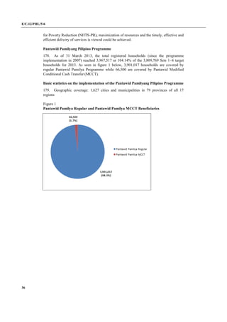 E/C.12/PHL/5-6
36
for Poverty Reduction (NHTS-PR), maximization of resources and the timely, effective and
efficient delivery of services is viewed could be achieved.
Pantawid Pamilyang Pilipino Programme
178. As of 31 March 2013, the total registered households (since the programme
implementation in 2007) reached 3,967,517 or 104.14% of the 3,809,769 Sets 1–6 target
households for 2013. As seen in figure 1 below, 3,901,017 households are covered by
regular Pantawid Pamilya Programme while 66,500 are covered by Pantawid Modified
Conditional Cash Transfer (MCCT).
Basic statistics on the implementation of the Pantawid Pamilyang Pilipino Programme
179. Geographic coverage: 1,627 cities and municipalities in 79 provinces of all 17
regions
Figure 1
Pantawid Pamilya Regular and Pantawid Pamilya MCCT Beneficiaries
 