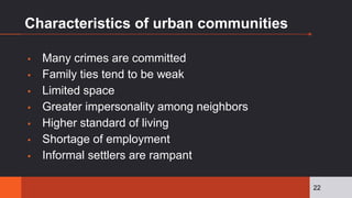 Characteristics of urban communities
▪ Many crimes are committed
▪ Family ties tend to be weak
▪ Limited space
▪ Greater impersonality among neighbors
▪ Higher standard of living
▪ Shortage of employment
▪ Informal settlers are rampant
22
 