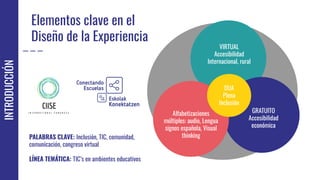 INTRODUCCIÓN
Elementos clave en el
Diseño de la Experiencia
VIRTUAL
Accesibilidad
Internacional, rural
GRATUITO
Accesibilidad
económica
Alfabetizaciones
múltiples: audio, Lengua
signos española, Visual
thinking
DUA
Plena
Inclusión
PALABRAS CLAVE: Inclusión, TIC, comunidad,
comunicación, congreso virtual
 
LÍNEA TEMÁTICA: TIC’s en ambientes educativos
 