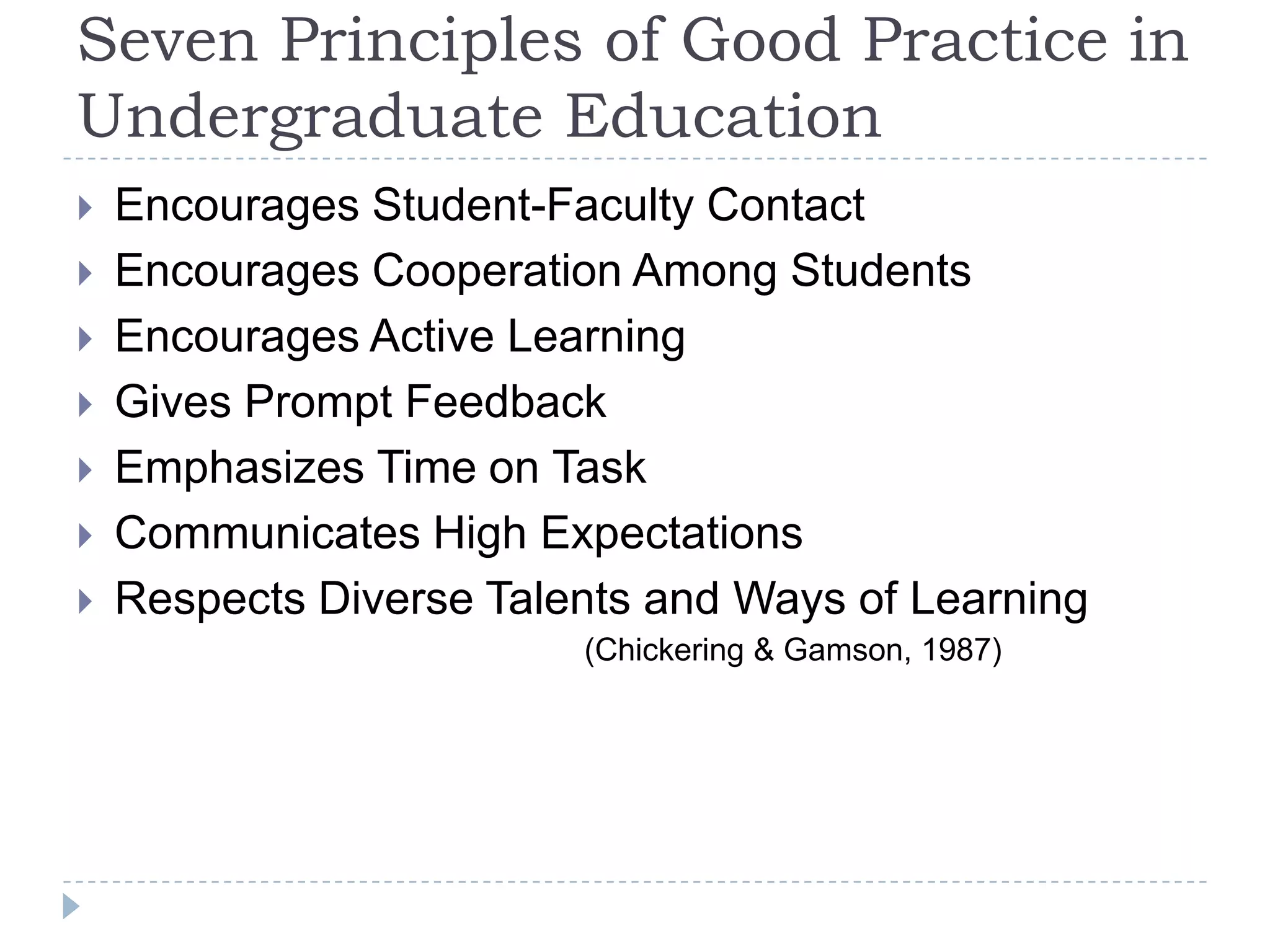 Seven Principles of Good Practice in Undergraduate EducationEncourages Student-Faculty ContactEncourages Cooperation Among StudentsEncourages Active LearningGives Prompt FeedbackEmphasizes Time on TaskCommunicates High ExpectationsRespects Diverse Talents and Ways of Learning				(Chickering & Gamson, 1987)