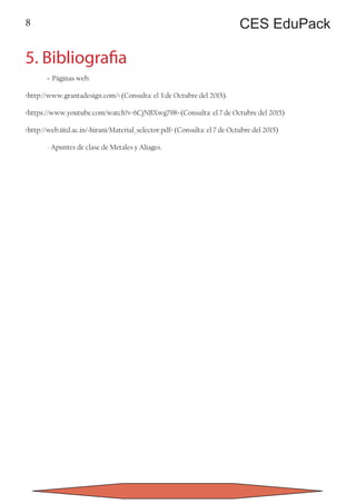 8 CES EduPack
5. Bibliografia
	- Páginas web:
http://www.grantadesign.com/ (Consulta: el 3 de Octubre del 2015).
https://www.youtube.com/watch?v=6CjNBXwg798 (Consulta: el 7 de Octubre del 2015)
http://web.iitd.ac.in/~hirani/Material_selector.pdf (Consulta: el 7 de Octubre del 2015)
	 - Apuntes de clase de Metales y Aliages.
 