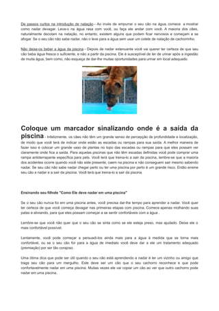 De passos curtos na introdução de natação - Ao invés de empurrar o seu cão na água, comece a mostrar
como nadar devagar. Leva-o na água rasa com você, ou faça ele andar com você. A maioria dos cães,
naturalmente decolam na natação, no entanto, existem alguns que podem ficar nervosos e começam a se
afogar. Se o seu cão não sabe nadar, não o leve para a água sem usar um colete de natação de cachorrinho.
Não deixe-os beber a água da piscina - Depois de nadar extenuante você vai querer ter certeza de que seu
cão beba água fresca o suficiente, e não a partir da piscina. Ele é susceptível de ter de urinar após a ingestão
de muita água, bem como, não esqueça de dar-lhe muitas oportunidades para urinar em local adequado.

Coloque um marcador sinalizando onde é a saída da
piscina - Infelizmente, os cães não têm um grande senso de percepção de profundidade e localização,
de modo que você terá de indicar onde estão as escadas ou rampas para sua saída. A melhor maneira de
fazer isso é colocar um grande vaso de plantas no topo das escadas ou rampas para que eles possam ver
claramente onde fica a saída. Para aquelas piscinas que não têm escadas definidas você pode comprar uma
rampa antiderrapante específica para pets. Você terá que treina-lo a sair da piscina, lembre-se que a maioria
dos acidentes ocorre quando você não este presente, caem na piscina e não conseguem sair mesmo sabendo
nadar. Se seu cão não sabe nadar chegar perto ou ter uma piscina por perto é um grande risco. Então ensine
seu cão a nadar e a sair da piscina. Você terá que treina-lo a sair da piscina.

Ensinando seu filhote "Como Ele deve nadar em uma piscina"
Se o seu cão nunca foi em uma piscina antes, você precisa dar-lhe tempo para aprender a nadar. Você quer
ter certeza de que você começa devagar nas primeiras etapas com piscina. Comece apenas molhando suas
patas e aliviando, para que eles possam começar a se sentir confortáveis com a água .
Lembre-se que você não quer que o seu cão se sinta como se ele esteja preso, mas ajudado. Deixe ele o
mais confortável possível.
Lentamente, você pode começar a persuadi-los ainda mais para a água à medida que se torna mais
confortável, ou se o seu cão for para a água de imediato você deve dar a ele um tratamento adequado
(premiação) por ser tão corajoso.
Uma ótima dica que pode ser útil quando o seu cão está aprendendo a nadar é ter um vizinho ou amigo que
traga seu cão para um mergulho. Este deve ser um cão que o seu cachorro reconhece e que pode
confortavelmente nadar em uma piscina. Muitas vezes ele vai copiar um cão ao ver que outro cachorro pode
nadar em uma piscina.

 