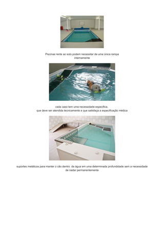 Piscinas rente ao solo podem necessitar de uma única rampa
internamente

cada caso tem uma necessidade especifica,
que deve ser atendida tecnicamente e que satisfaça a especificação médica

suportes metálicos para manter o cão dentro da água em uma determinada profundidade sem a necessidade
de nadar permanentemente

 