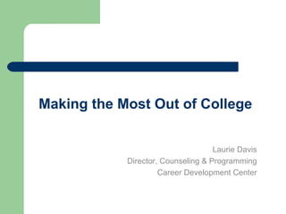Making the Most Out of College


                                    Laurie Davis
            Director, Counseling & Programming
                     Career Development Center
 