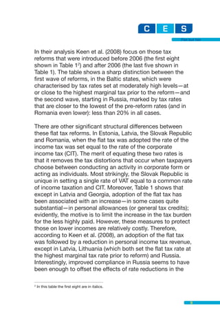 Flat but fair


In their analysis Keen et al. (2008) focus on those tax
reforms that were introduced before 2006 (the first eight
shown in Table 12) and after 2006 (the last five shown in
Table 1). The table shows a sharp distinction between the
first wave of reforms, in the Baltic states, which were
characterised by tax rates set at moderately high levels—at
or close to the highest marginal tax prior to the reform—and
the second wave, starting in Russia, marked by tax rates
that are closer to the lowest of the pre-reform rates (and in
Romania even lower): less than 20% in all cases.

There are other significant structural differences between
these flat tax reforms. In Estonia, Latvia, the Slovak Republic
and Romania, when the flat tax was adopted the rate of the
income tax was set equal to the rate of the corporate
income tax (CIT). The merit of equating these two rates is
that it removes the tax distortions that occur when taxpayers
choose between conducting an activity in corporate form or
acting as individuals. Most strikingly, the Slovak Republic is
unique in setting a single rate of VAT equal to a common rate
of income taxation and CIT. Moreover, Table 1 shows that
except in Latvia and Georgia, adoption of the flat tax has
been associated with an increase—in some cases quite
substantial—in personal allowances (or general tax credits);
evidently, the motive is to limit the increase in the tax burden
for the less highly paid. However, these measures to protect
those on lower incomes are relatively costly. Therefore,
according to Keen et al. (2008), an adoption of the flat tax
was followed by a reduction in personal income tax revenue,
except in Latvia, Lithuania (which both set the flat tax rate at
the highest marginal tax rate prior to reform) and Russia.
Interestingly, improved compliance in Russia seems to have
been enough to offset the effects of rate reductions in the

2
    In this table the first eight are in italics.



                                                                 9
 