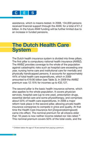 Flat but fair


assistance, which is means-tested. In 2008, 134,000 persons
received financial support through the ANW, for a total of €1.2
billion. In the future ANW funding will be further limited due to
an increase in funded pensions.




The Dutch Health Care
System
The Dutch health insurance system is divided into three pillars.
The first pillar is compulsory national health insurance (AWBZ).
The AWBZ provides coverage to the whole of the population
against catastrophic risks such as hospital care exceeding one
year, nursing home care and institutional care for mentally and
physically handicapped persons. It accounts for approximately
44% of total health care expenditures, which in 2009
amounted to €19.90 billion (see Table 3). In 2009 the AWBZ
premium was 12.15% for incomes up to €32,127.

The second pillar is the basic health insurance scheme, which
also applies to the whole population. It covers physician
services, hospital care (up to one year), prescription drugs,
essential dental care and some physiotherapy, and comprises
about 53% of health care expenditures. In 2006 a major
reform took place in the second pillar, allowing private health
insurance companies to compete in price and quality. At that
time the Health Care Insurance Act (Zorgverzekeringswet)
came into effect. The nominal premium for all citizens older
than 18 years is now neither income-related nor risk-rated.16
This nominal premium covers 50% of the total costs, and the


16
     Children below the age of 18 are exempt from paying a premium.



16
 
