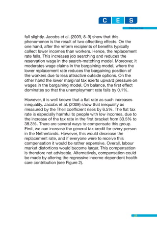 Flat but fair


fall slightly. Jacobs et al. (2009, 8–9) show that this
phenomenon is the result of two offsetting effects. On the
one hand, after the reform recipients of benefits typically
collect lower incomes than workers. Hence, the replacement
rate falls. This increases job searching and reduces the
reservation wage in the search-matching model. Moreover, it
moderates wage claims in the bargaining model, where the
lower replacement rate reduces the bargaining position of
the workers due to less attractive outside options. On the
other hand the lower marginal tax exerts upward pressure on
wages in the bargaining model. On balance, the first effect
dominates so that the unemployment rate falls by 0.1%.

However, it is well known that a flat rate as such increases
inequality. Jacobs et al. (2009) show that inequality as
measured by the Theil coefficient rises by 6.5%. The flat tax
rate is especially harmful to people with low incomes, due to
the increase of the tax rate in the first bracket from 33.5% to
38.3%. There are several ways to compensate this group.
First, we can increase the general tax credit for every person
in the Netherlands. However, this would decrease the
replacement rate, and if everyone were to receive this
compensation it would be rather expensive. Overall, labour
market distortions would become larger. This compensation
is therefore not advisable. Alternatively, compensation could
be made by altering the regressive income-dependent health
care contribution (see Figure 2).




                                                              21
 