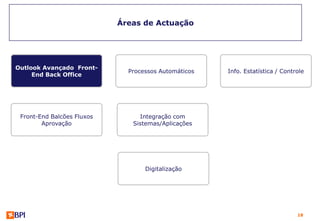 Áreas de Actuação




Outlook Avançado Front-
                              Processos Automáticos   Info. Estatística / Controle
     End Back Office




 Front-End Balcões Fluxos        Integração com
        Aprovação              Sistemas/Aplicações




                                   Digitalização




                                                                               18
 