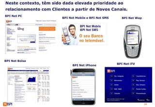 Neste contexto, têm sido dada elevada prioridade ao
relacionamento com Clientes a partir de Novos Canais.
BPI Net PC
                        BPI Net Mobile e BPI Net SMS     BPI Net Wap




BPI Net Bolsa
                                                       BPI Net iTV
                              BPI Net iPhone




                                                                       34
 