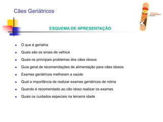 Cães GeriátricosESQUEMA DE APRESENTAÇÃOO que é geriatriaQuais são os sinais de velhiceQuais os principais problemas dos cães idososGuia geral de recomendações de alimentação para cães idososExames geriátricos melhoram a saúdeQual a importância de realizar exames geriátricos de rotinaQuando é recomendado ao cão idoso realizar os examesQuais os cuidados especiais na terceira idade