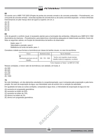 ENGENHEIRO(A) CIVIL JÚNIOR
15
R
A
S
C
U
N
H
O
68
De acordo com a NBR 7187:2003 (Projeto de pontes de concreto armado e de concreto protendido - Procedimento), em
uma ponte de concreto armado - excluídas aquelas de concreto leve ou de outros concretos especiais - a menor dimensão
transversal de um pilar maciço deve ser igual ou superior, em cm, a
(A) 30
(B) 35
(C) 40
(D) 45
(E) 50
69
A fim de garantir o conforto visual, é necessário atentar para a iluminação dos ambientes. Utilizando-se a NBR 5413:1992
(Iluminância de interiores – Procedimento), para determinar a iluminância adequada em determinado escritório, foram ob-
tidos os seguintes valores, em função da característica da tarefa e do observador:
Idade: peso +1
Velocidade e precisão: peso 0
Refletância do fundo da tarefa: peso -1
Considere a tabela que fornece a iluminância por classe de tarefas visuais, no caso de escritórios.
Classe Iluminância (lux) Tipo de Atividade
B
Iluminação geral para área de
trabalho
500 - 750 - 1000
Tarefas com requisitos visuais normais,
trabalho médio de maquinaria, escritórios
Fonte: Adaptado da Tabela 1 da NBR 5413:1992
Nessas condições, o menor valor de iluminância a ser adotado, em luxes, é
(A) 500
(B) 625
(C) 750
(D) 875
(E) 1000
70
No ciclo hidrológico, um dos elementos estudados é a evapotranspiração, que é composta pela evaporação e pela trans-
piração. No caso da evaporação da água, sua intensidade varia de acordo com a variação da salinidade.
Em igualdade de todas as outras condições, comparada à água doce, a intensidade de evaporação da água do mar
(A) aumenta em progressão geométrica.
(B) aumenta na ordem de 50%.
(C) aumenta na ordem de 10%.
(D) diminui na ordem de 3%.
(E) diminui em progressão geométrica.
 