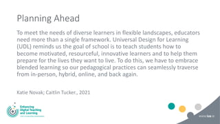 Planning Ahead
To meet the needs of diverse learners in flexible landscapes, educators
need more than a single framework. Universal Design for Learning
(UDL) reminds us the goal of school is to teach students how to
become motivated, resourceful, innovative learners and to help them
prepare for the lives they want to live. To do this, we have to embrace
blended learning so our pedagogical practices can seamlessly traverse
from in-person, hybrid, online, and back again.
Katie Novak; Caitlin Tucker., 2021
 